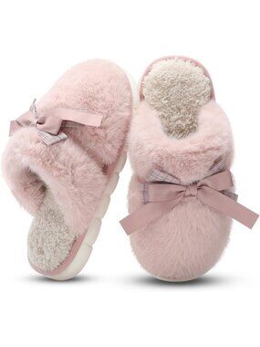 Women's Pink Memory Foam Fuzzy Plush Cozy Shoes With Bow Comfortable Slippers
